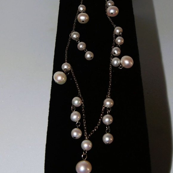Genuine White Fresh-Water Pearl's Dangling 16 Inch Necklace .925 Sterling Silver - Picture 2 of 5